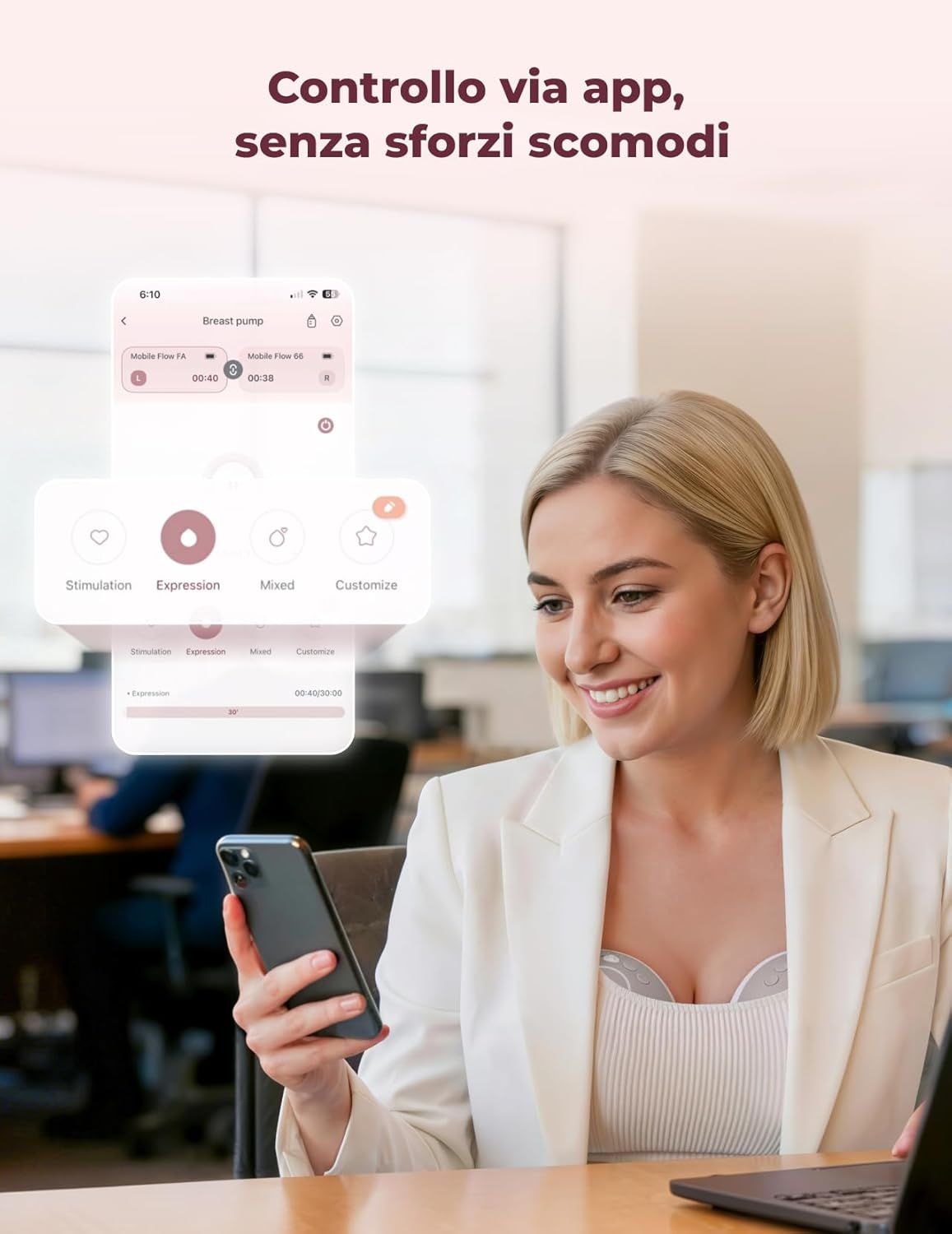 Donna controlla tiralatte Momcozy tramite app smartphone.