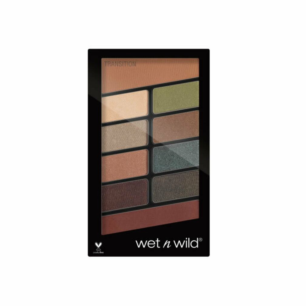 Palette ombretti nera con 10 colori. Contiene tonalità dal beige al marrone e verde. Marchio: wet n wild. Con logo Cruelty-Free.
