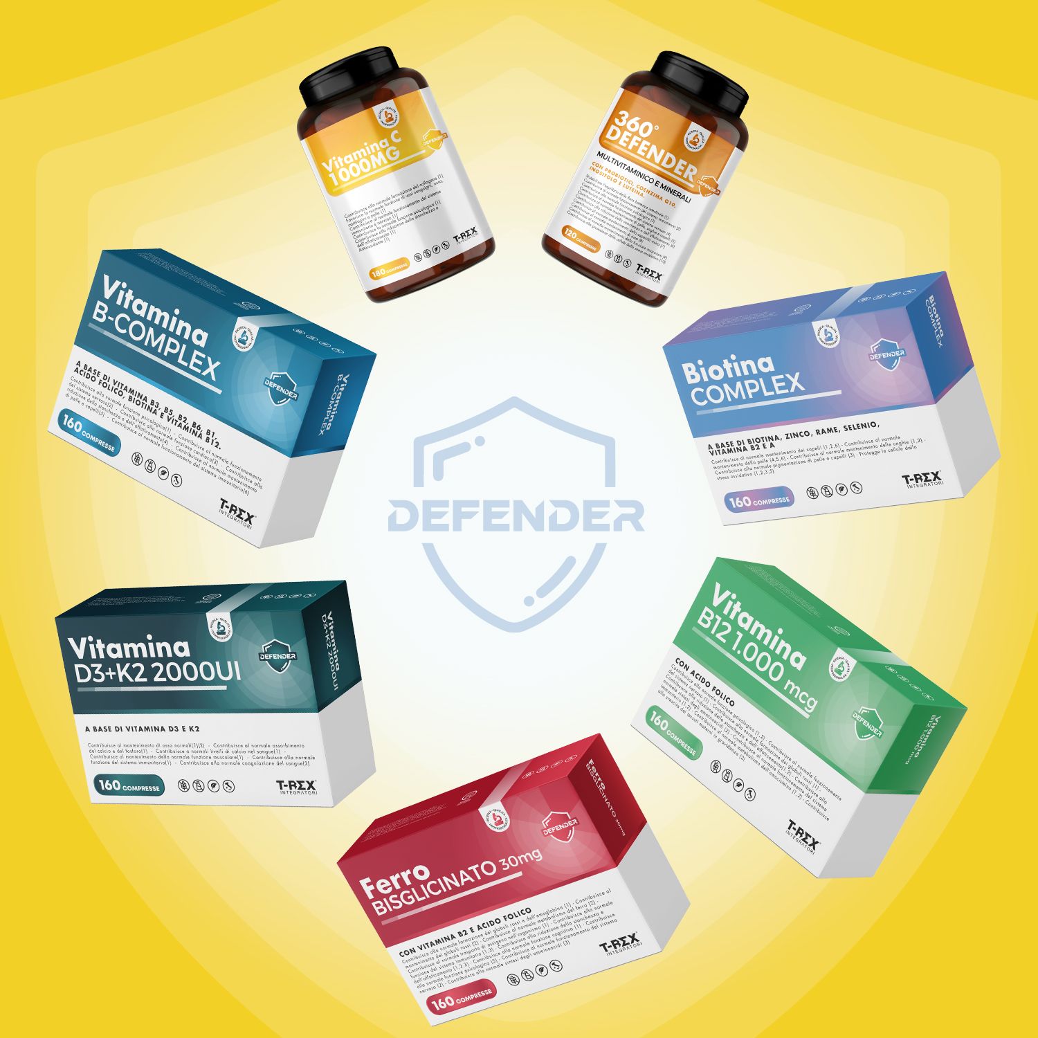 Vari prodotti T-Rex Integratori: Vitamina C, B-Complex, D3+K2, B12, Biotina, Ferro. Etichetta Defender.