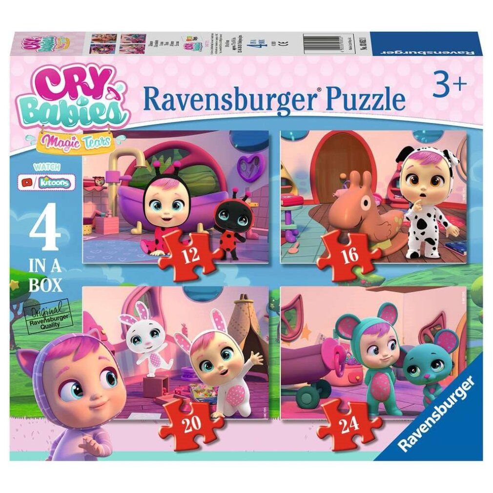 Scatola puzzle con quattro puzzle. Ogni puzzle mostra una scena con personaggi Cry Babies. Logo Ravensburger e testo 4 in 1.