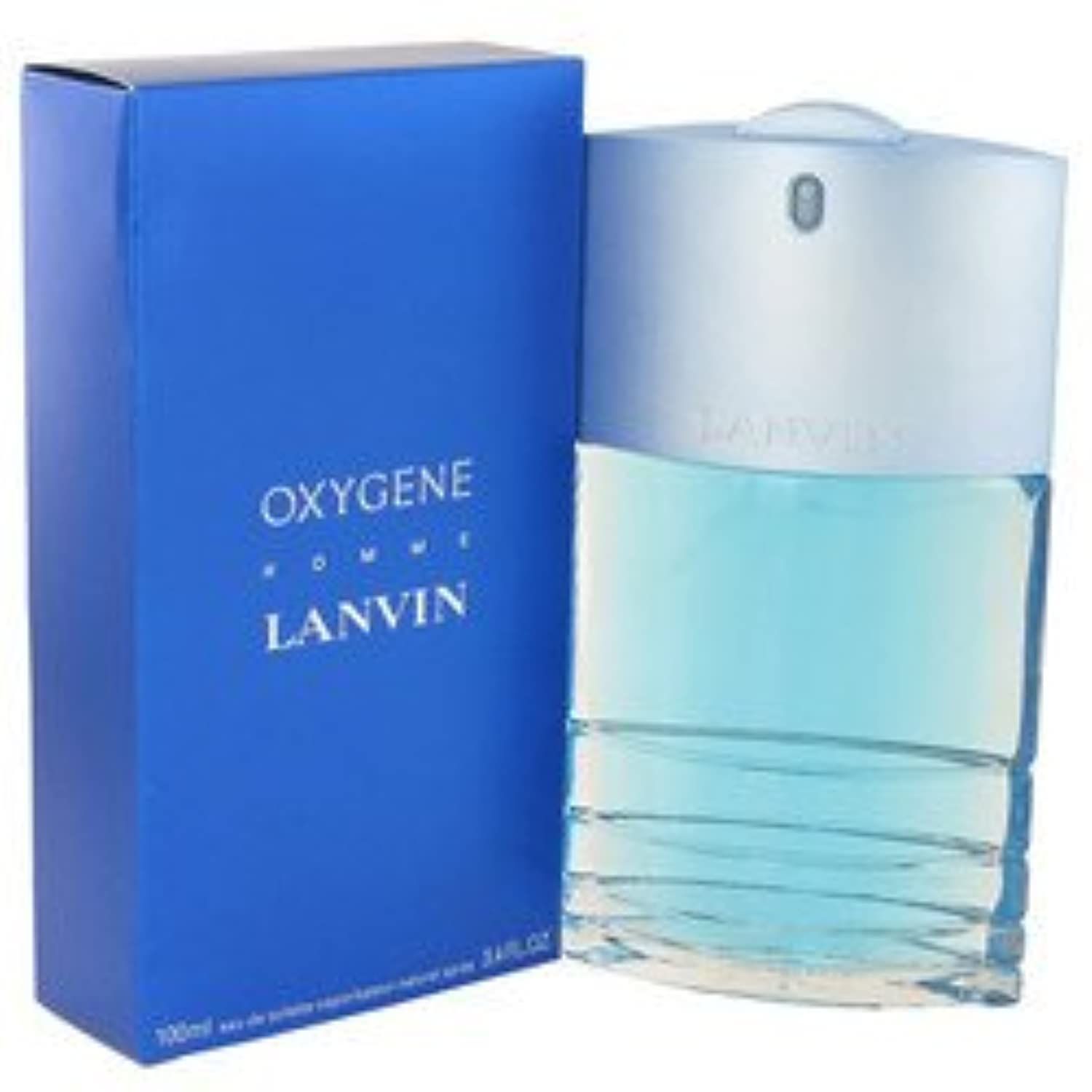Profumo blu con scatola blu. Sulla scatola: "Oxygene Homme" e "Lanvin". Flacone cilindrico.