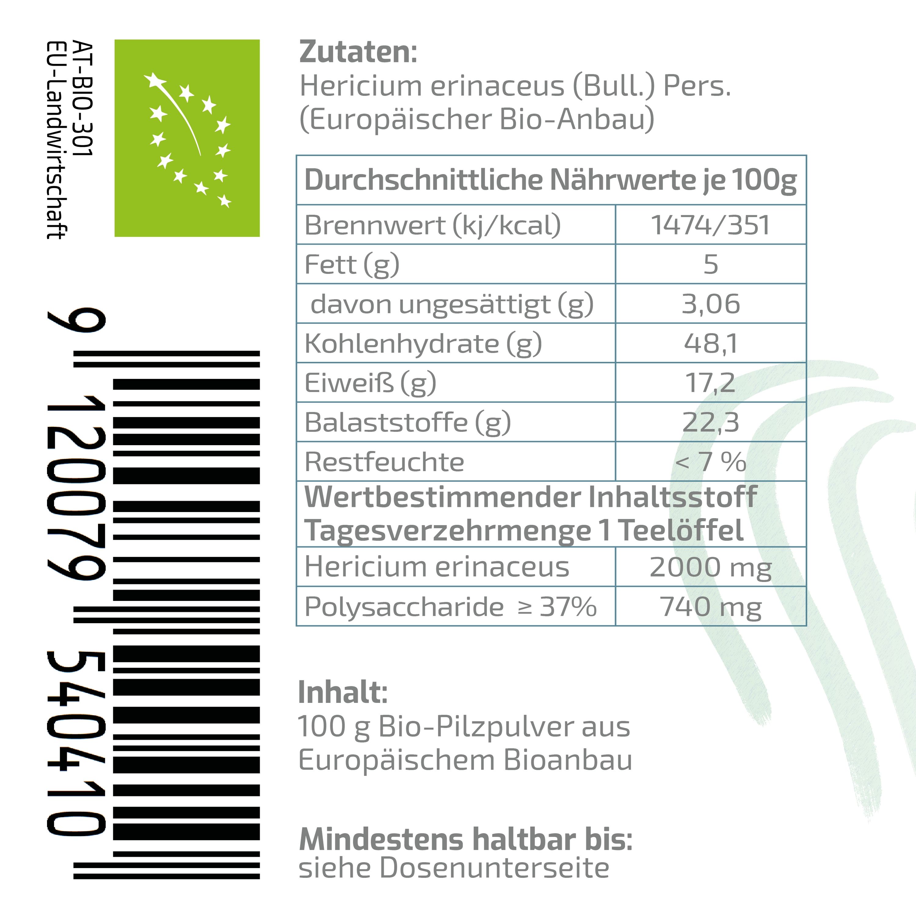 Etichetta con valori nutrizionali e lista ingredienti per polvere di fungo biologico Hericium erinaceus.