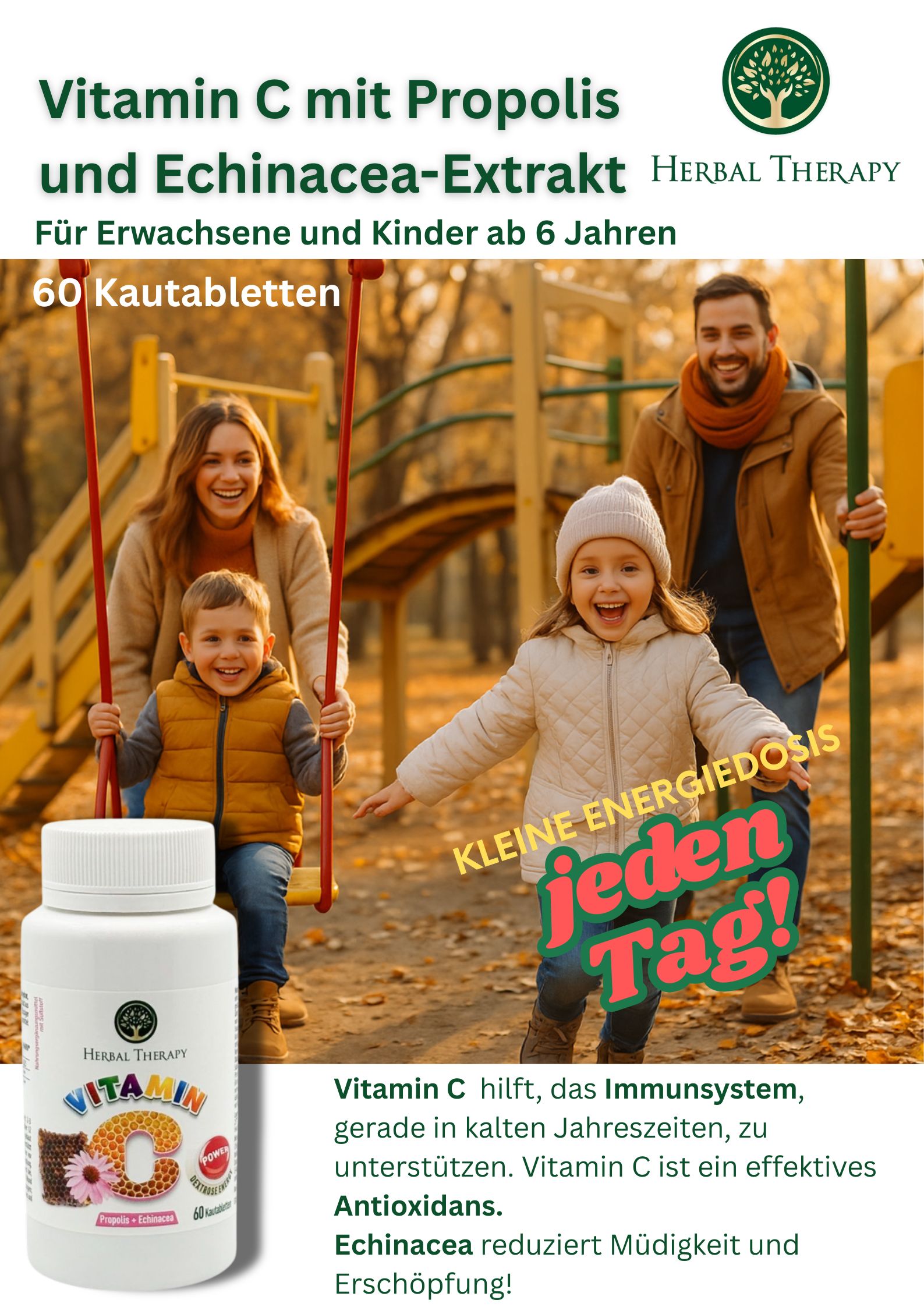 Immagine pubblicitaria con famiglia al parco. Flacone Herbal Therapy Vitamina C. Testo: Vitamina C con estratto di Propoli ed Echinacea.