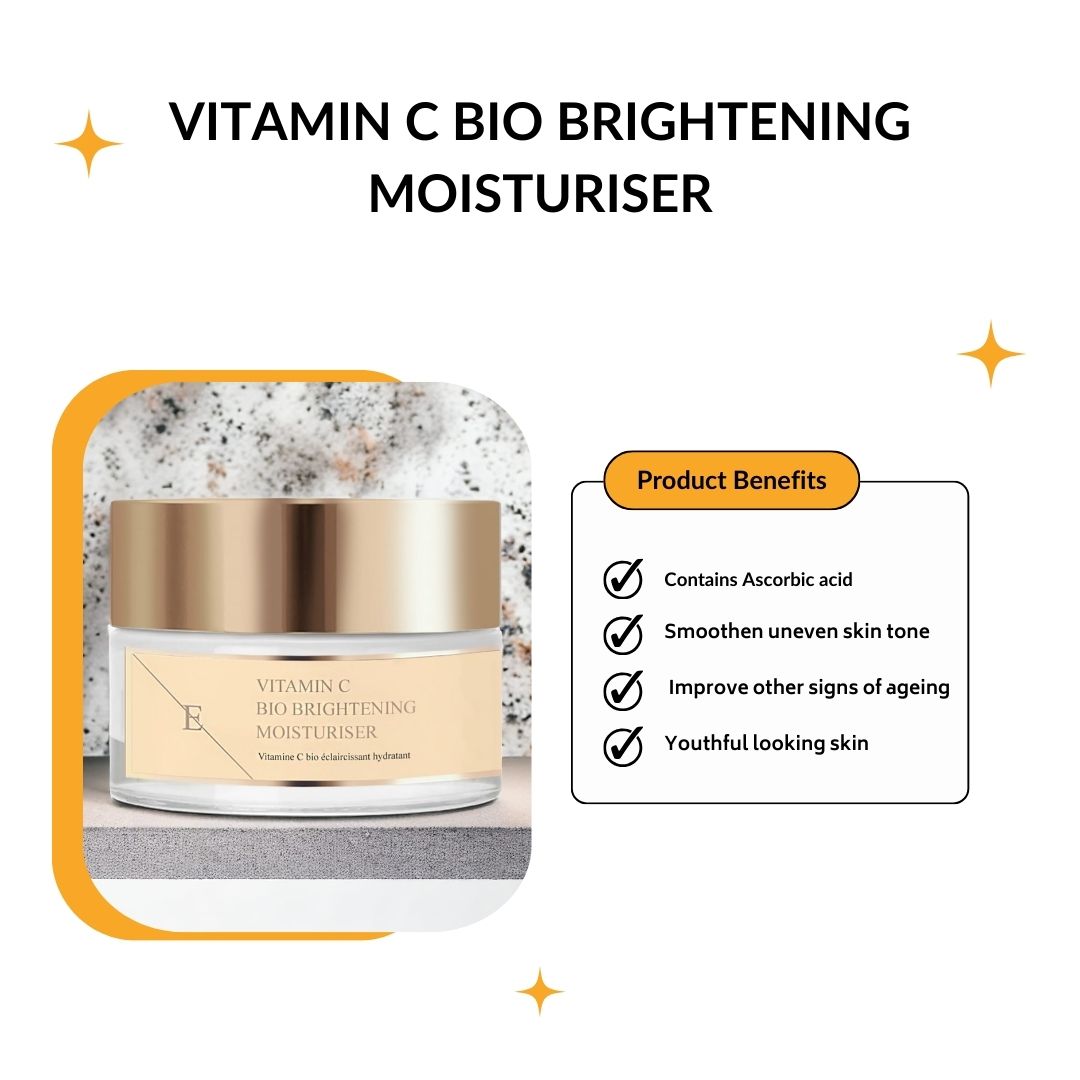 Vasetto di vetro con coperchio dorato. Etichetta con testo: Vitamin C Bio Brightening Moisturiser. Marchio: E. Accanto: Vantaggi del prodotto.