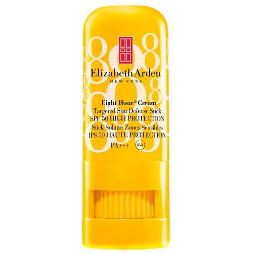 Stick solare giallo chiuso. Nome del prodotto e SPF visibili. Scritta e logo.