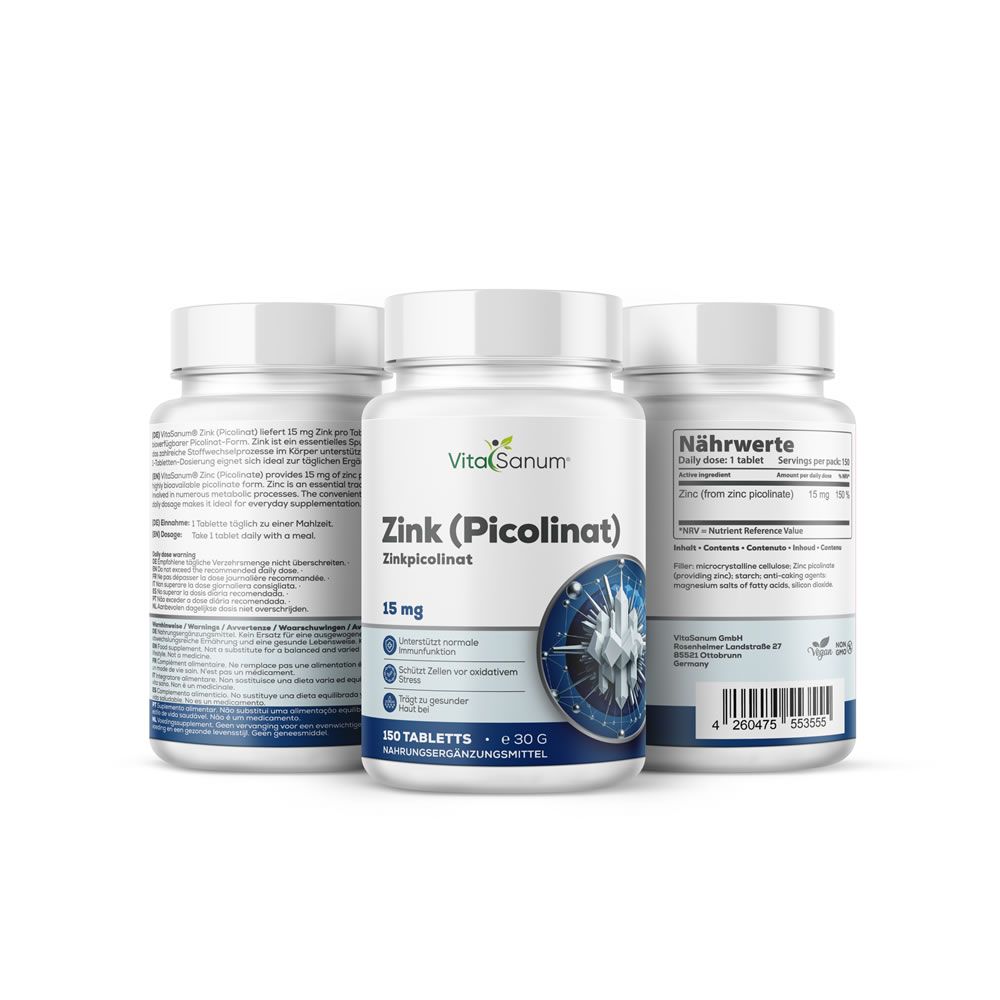 Tre flaconi bianchi VitaSanum Zink (Picolinato). Scritta: 15 mg, 150 compresse, integratore alimentare. Etichette blu e bianche.