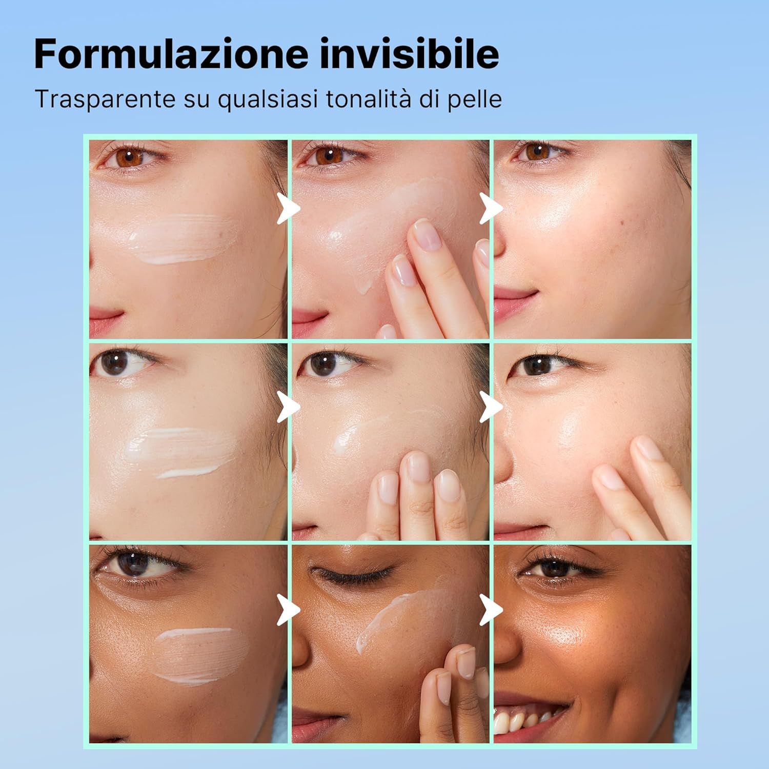 Diverse donne con il prodotto. Testo: Formulazione invisibile, trasparente su ogni incarnato. Prodotto: tubo, SPF 50, COSRX.