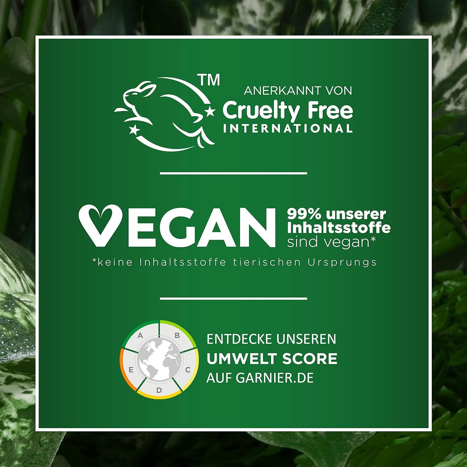 Sfondo verde con testo: Vegano, Cruelty Free International. Il 99% degli ingredienti sono vegani. Punteggio ambientale su Garnier.it.