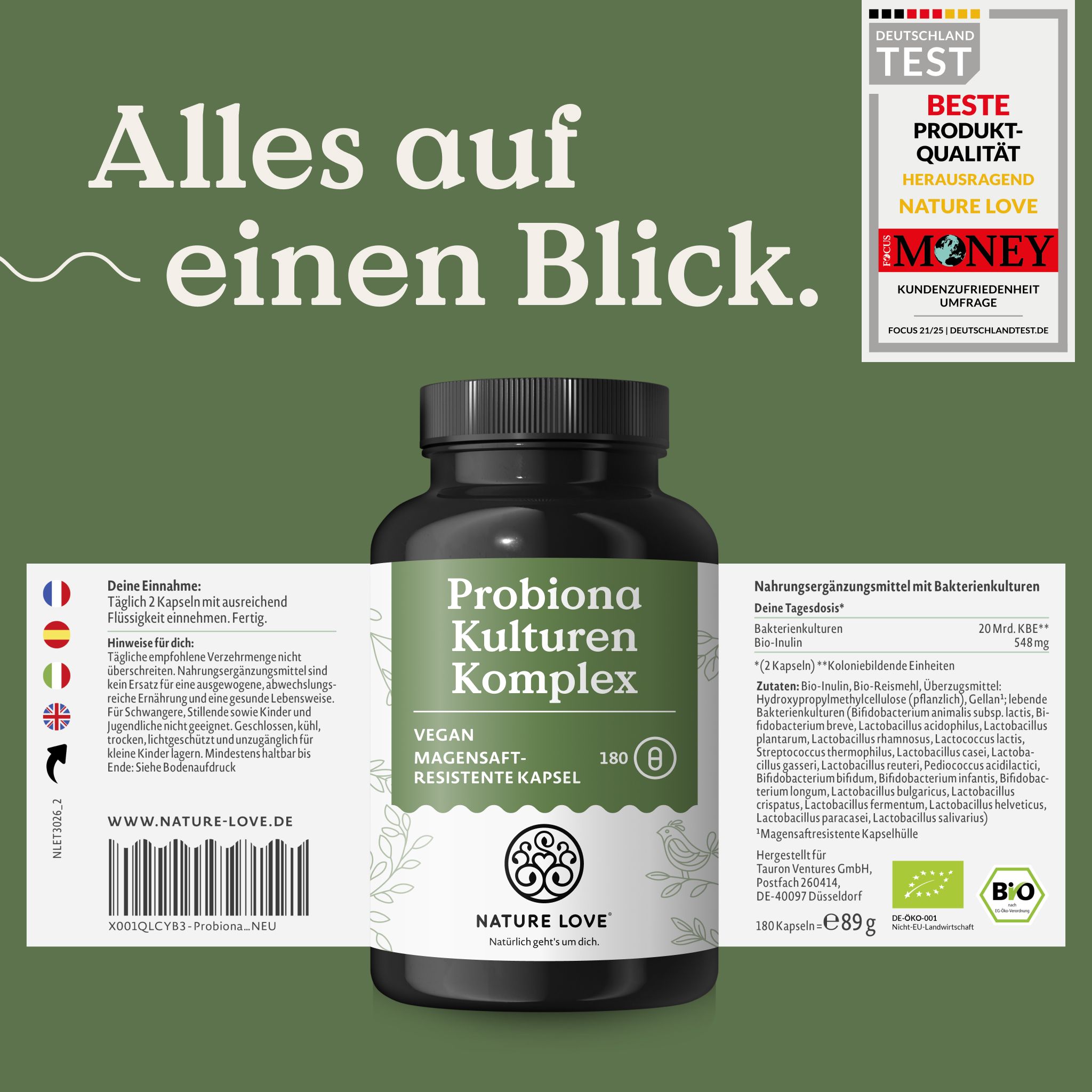 Flacone NATURE LOVE Probiona Kulturen Komplex con etichetta: 180 capsule gastroresistenti.