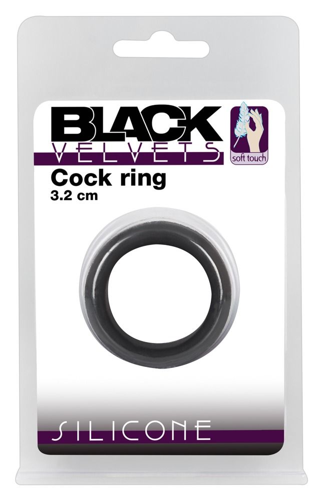 Anello fallico nero in confezione. Marchio: Black Velvets. Scritta: Cock ring, 3.2 cm, Silicone.