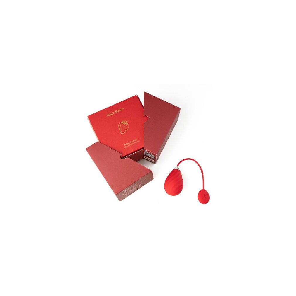 Prodotto rosso con confezione. Il prodotto è a forma di goccia con una sfera e un gambo curvo.