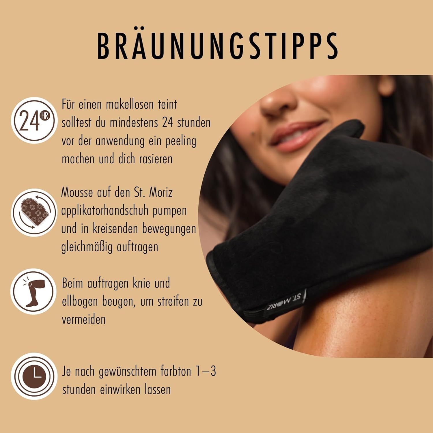 Consigli per l'uso. Scrub, applicare la mousse con un applicatore, piegare ginocchia e gomiti, lasciare agire 1-3 ore.