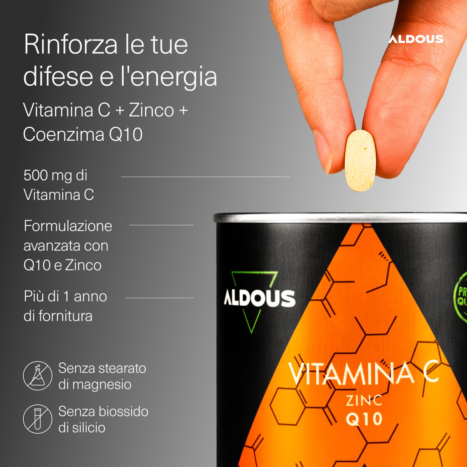 Aldous - Vitamina C con Zinco, Q10 - Difese Immunitarie, Stanchezza