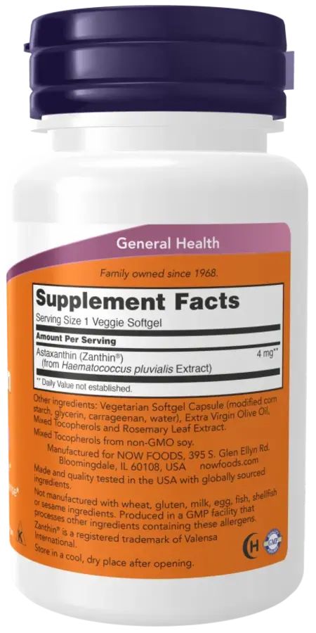 Retro del flacone. Scritta: Supplement Facts. Astaxantina 4 mg. NOW FOODS. Prodotto negli Stati Uniti.