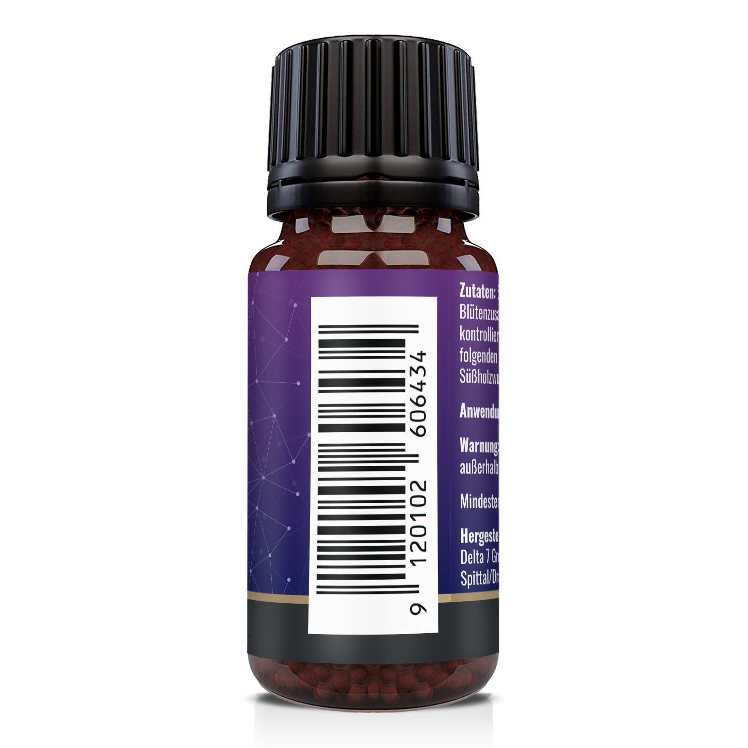 Retro del flacone. Codice a barre e altre informazioni. Produttore: Delta 7 GmbH, Tiroler Straße 8, AT-9800 Spittal/Drau.
