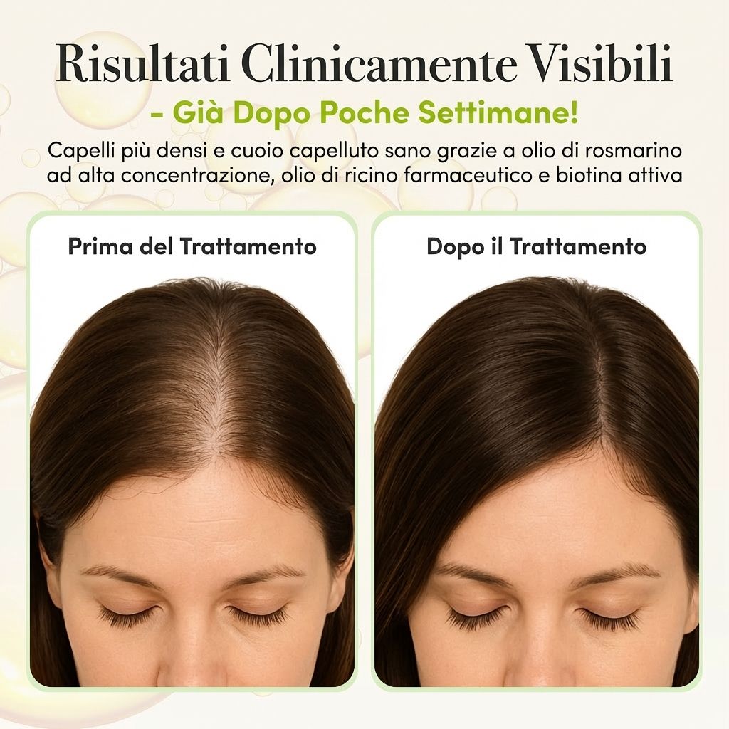 Confronto prima-dopo. Testo: Risultati clinicamente visibili. Capelli più densi e cuoio capelluto sano. Logo H4H Naturals.