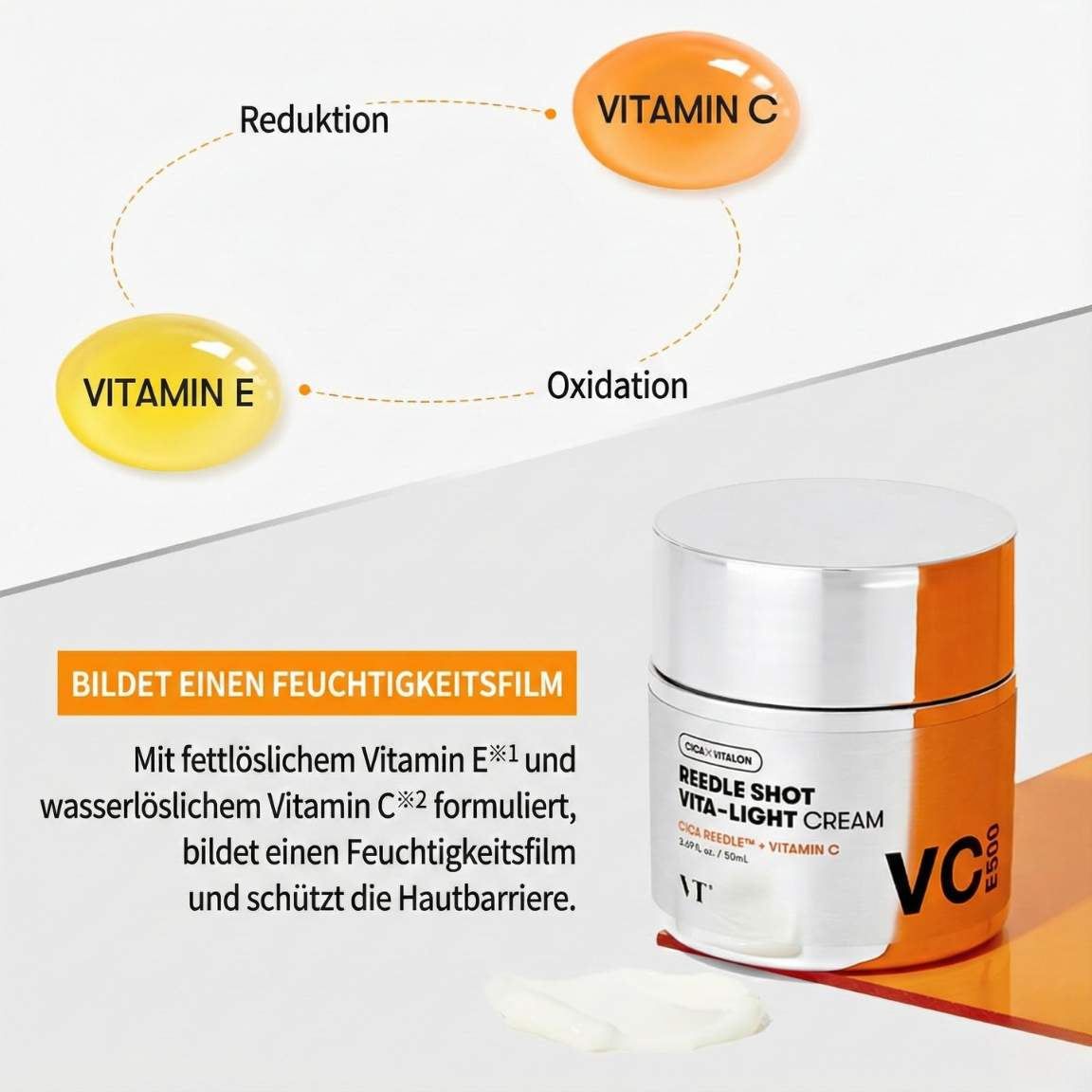Barattolo VT Cosmetics Reedle Shot Vita-Light Cream su sfondo arancione.