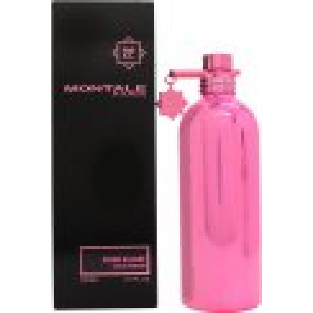 Flacone rosa con vaporizzatore e confezione nera. Scritta: Montale Paris, Rose Elixir Eau de Parfum. 100ml, 3.4 fl. oz.