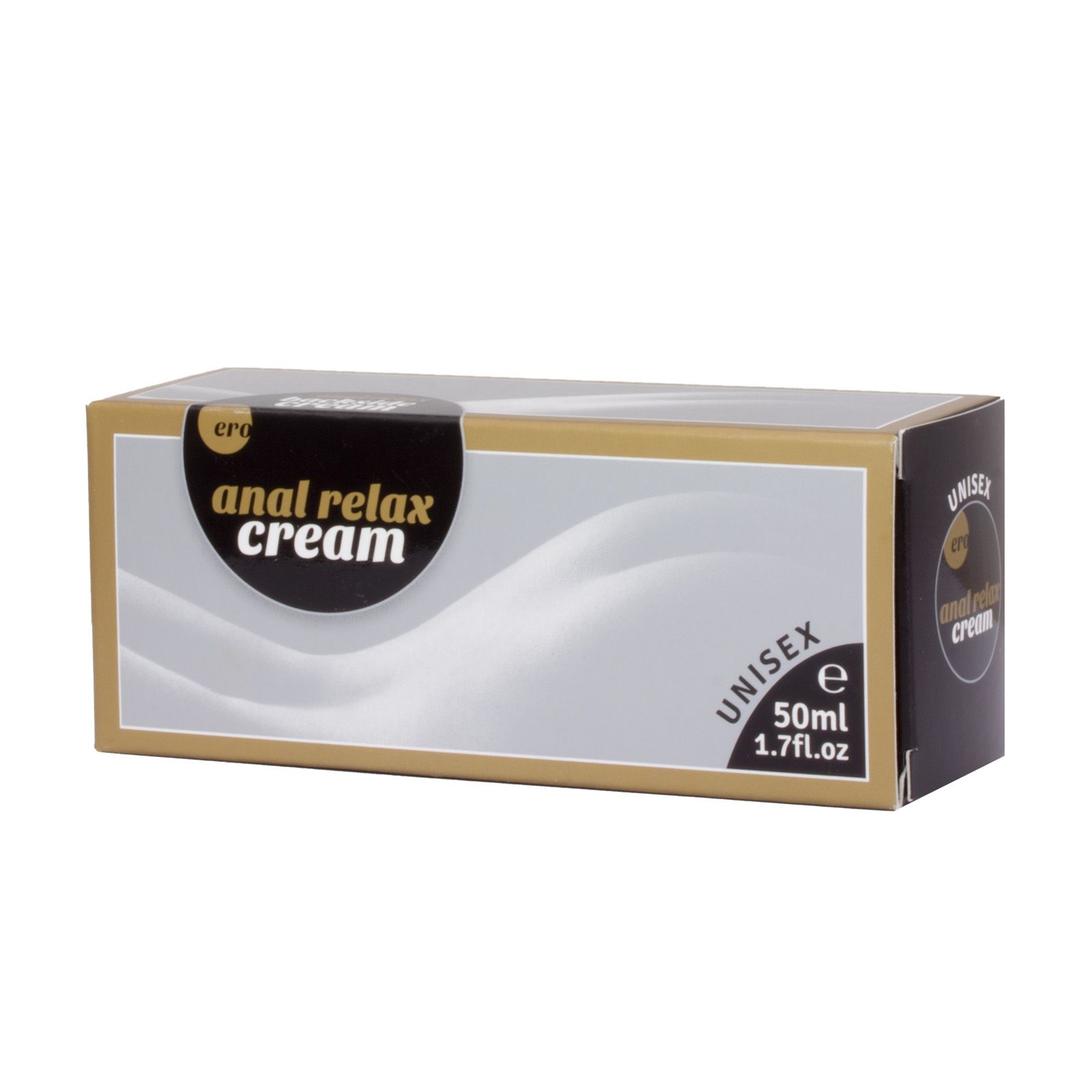 Scatola di crema. Bianco, oro, nero. Scritte: "Ero", "anal relax cream", "50ml". Scritta: "UNISEX".