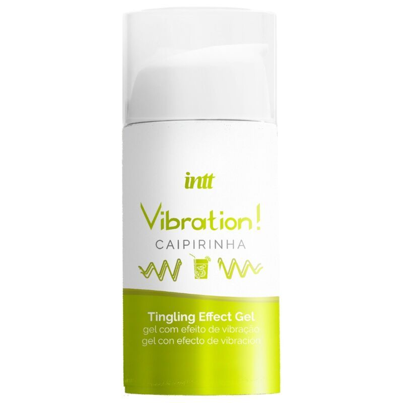 Flacone di gel con tappo bianco. Scritta: INTT Vibration! Caipirinha, Tingling Effect Gel. Etichetta verde e bianca.