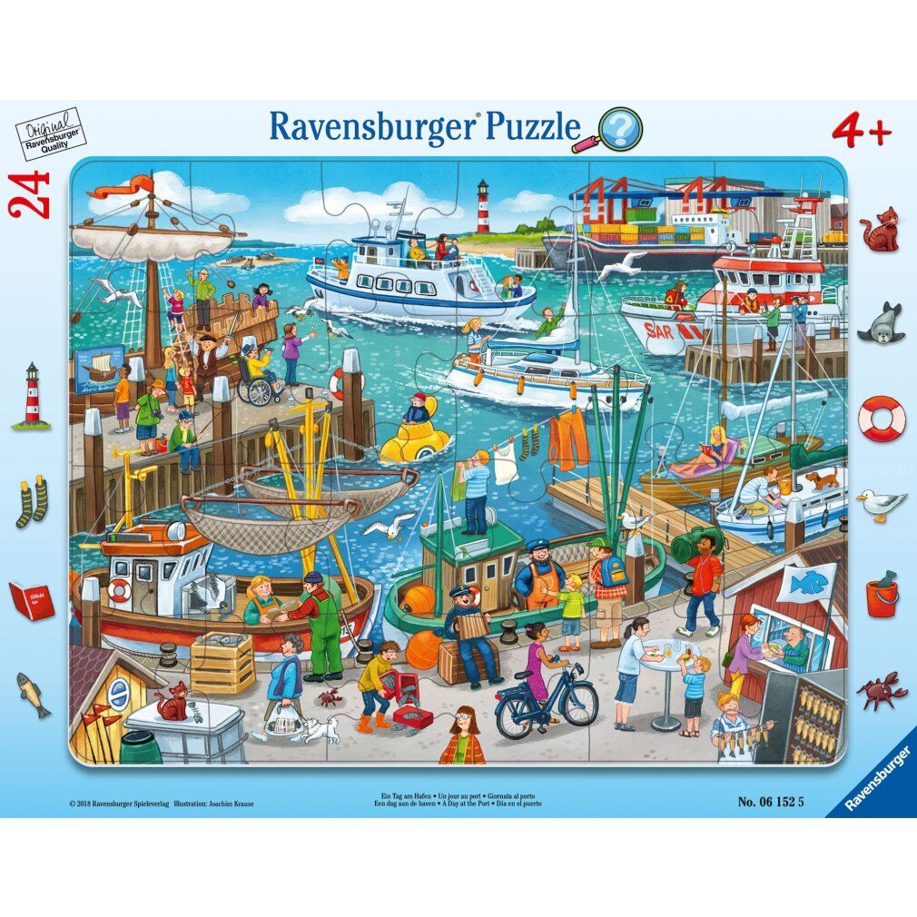 Puzzle Ravensburger. Scena portuale con barche, persone ed edifici. 24 pezzi, consigliato dai 4 anni in su. Confezione con logo e marchio di qualità.