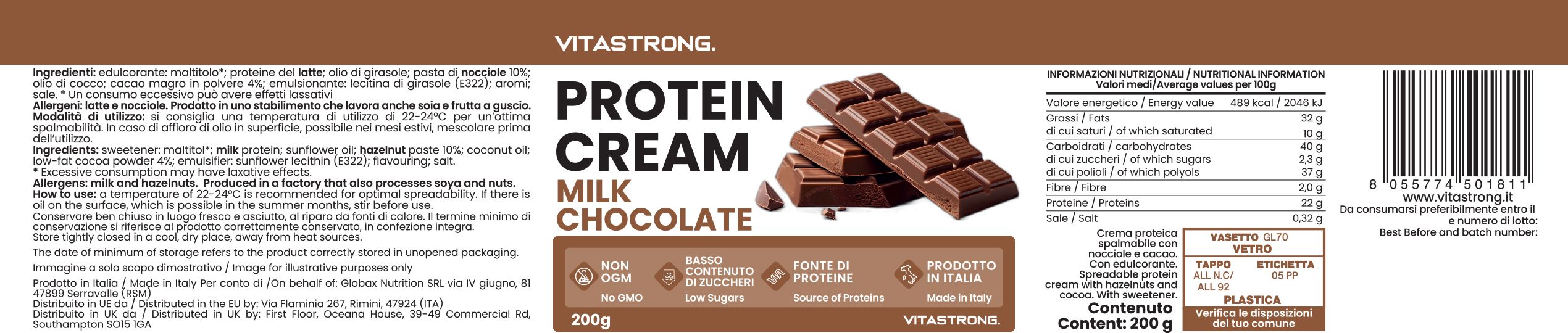 Etichetta con informazioni sul prodotto. Testo: Protein Cream, cioccolato al latte. Contiene informazioni nutrizionali e codice a barre. 200g.