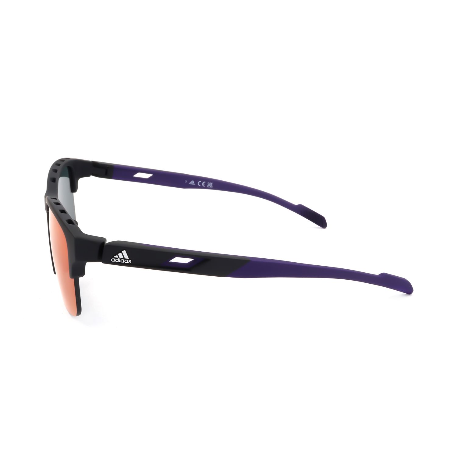 Occhiali da sole sportivi neri con aste viola e lenti arancioni. Logo Adidas sull'asta.