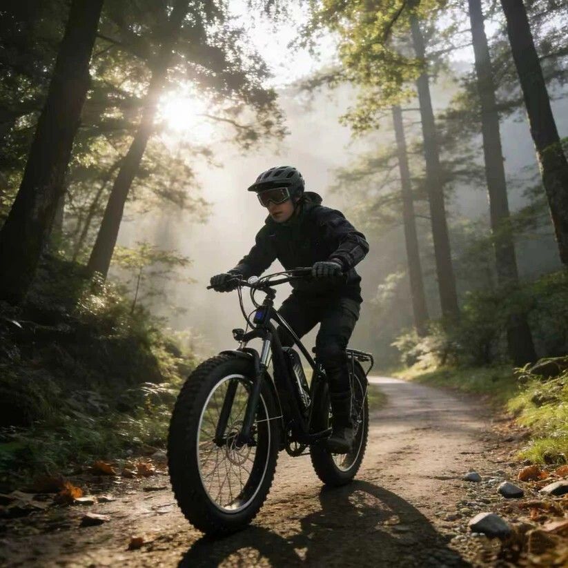 Persona in bicicletta elettrica su un sentiero forestale. L'ambiente è dominato dagli alberi.