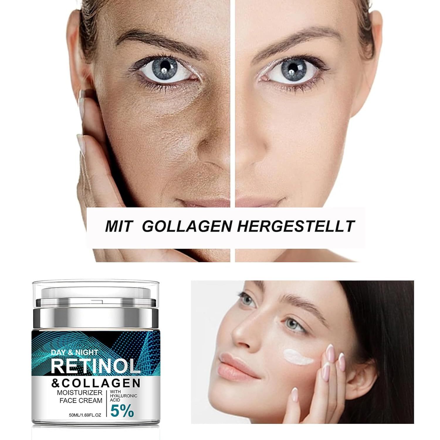 Immagini del viso prima e dopo e crema viso Soleneva Retinolo & Collagene.