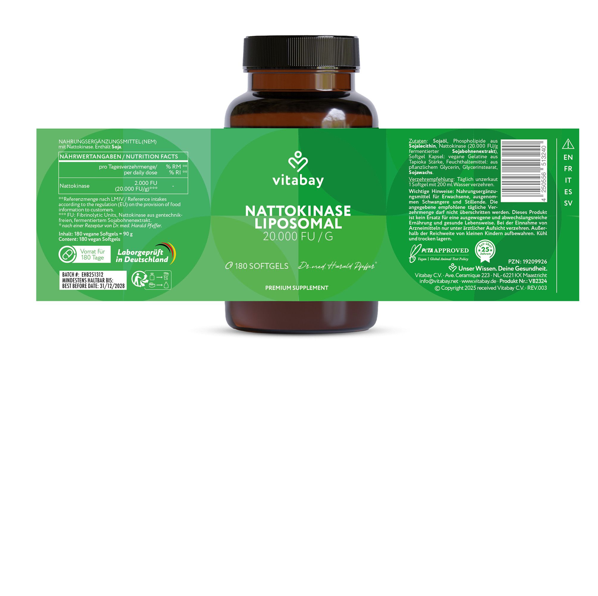 Flacone marrone con etichetta verde: Nattokinase Liposomiale. 180 capsule. Testo: 20.000 FU/G. Informazioni su ingredienti e valori nutrizionali.