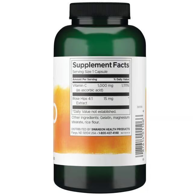 Retro del flacone verde. Scritta: Supplement Facts. Contiene vitamina C ed estratto di rosa canina.