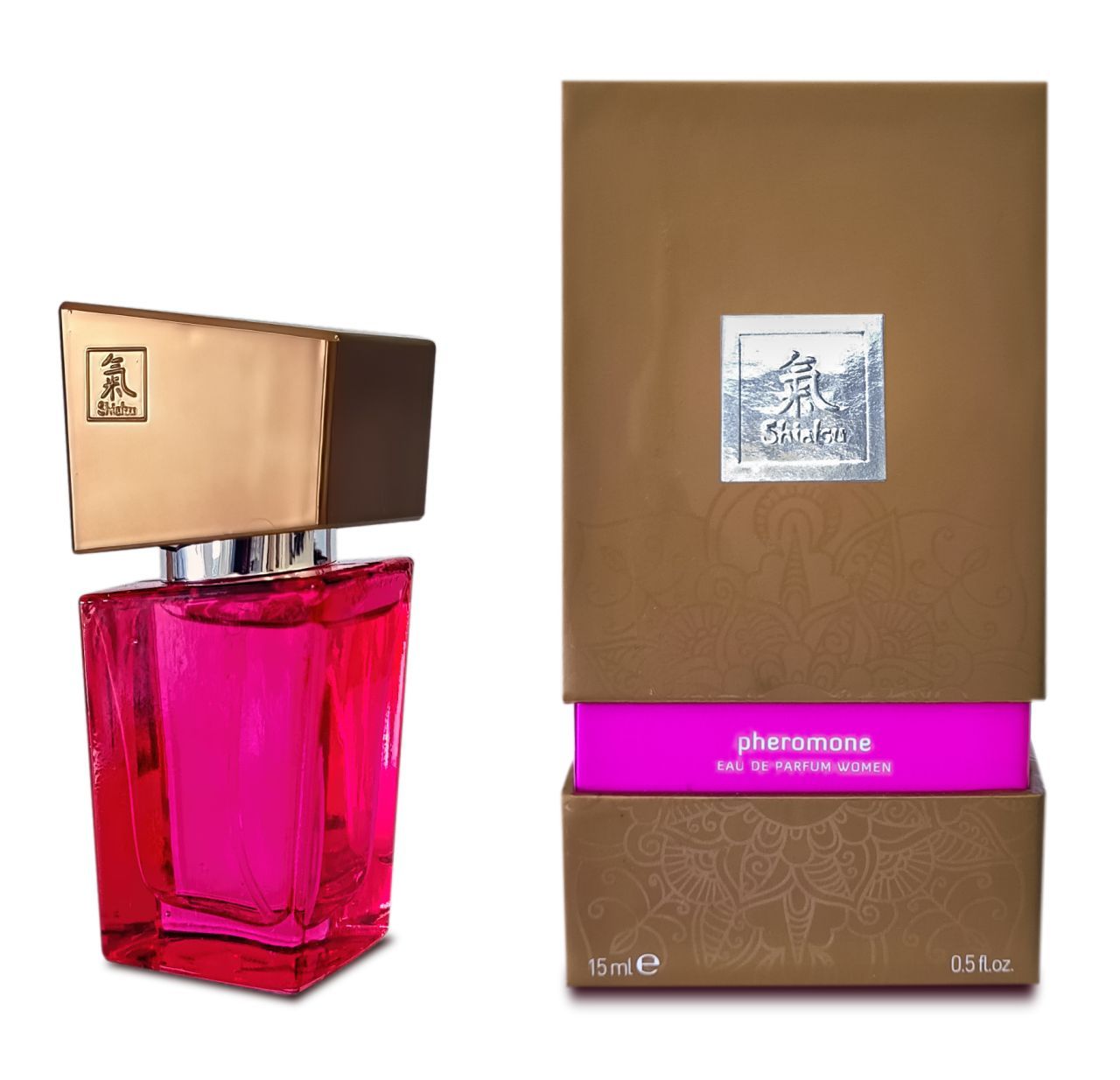 Flacone di profumo Pheromon Fragrance Woman Pink e la sua confezione fianco a fianco.