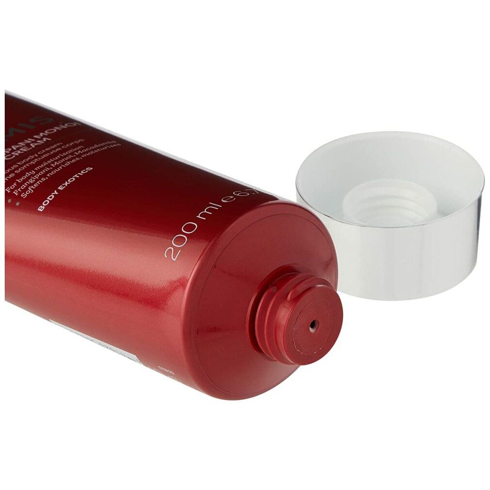 Tubo rosso con tappo aperto. Elemis Frangipani Monoi Body Cream. 200 ml. Il collo del tubo è visibile.