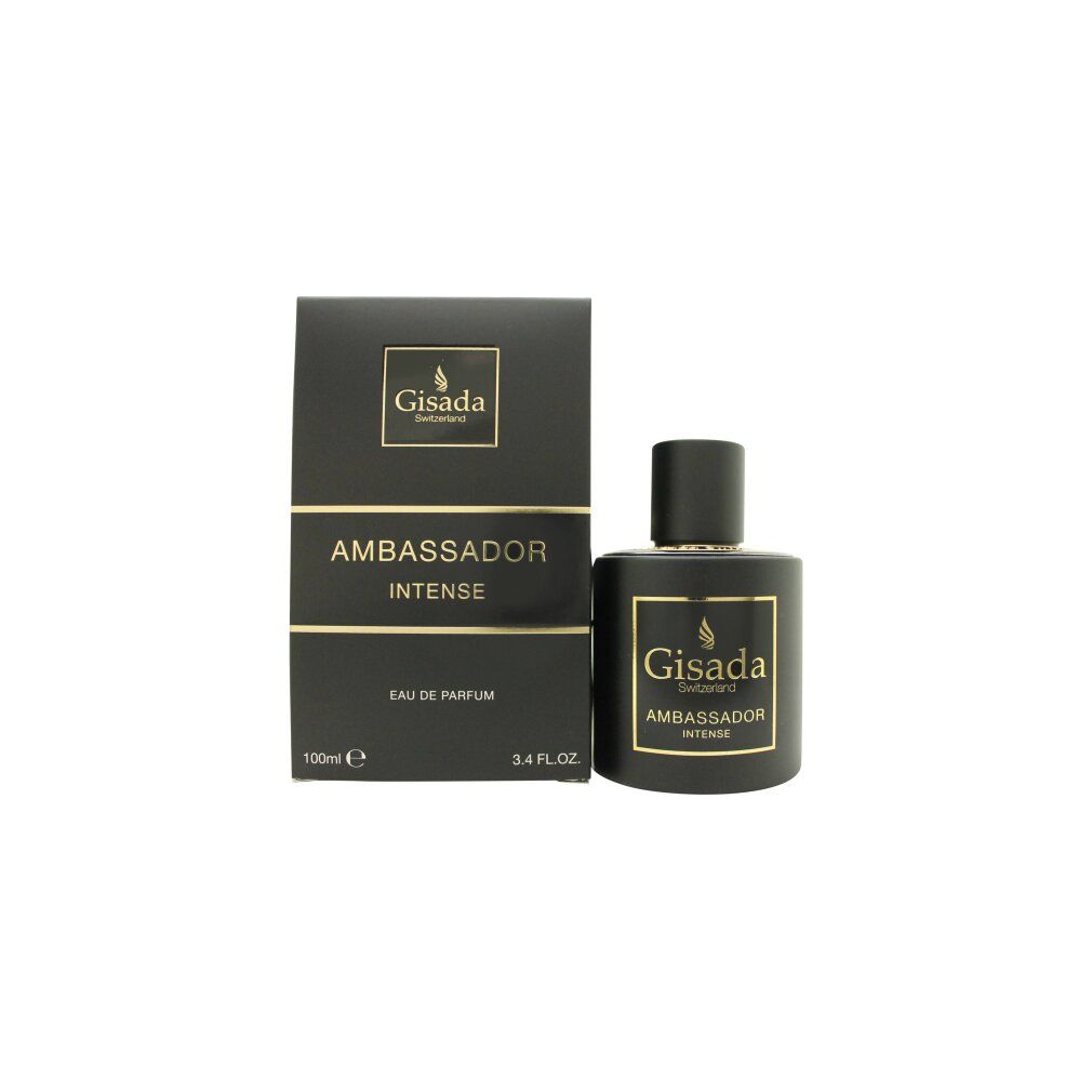 Flacone e scatola Gisada Ambassador Intense Eau de Parfum neri con accenti dorati.