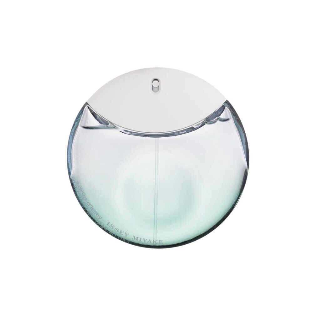 Flacone rotondo con tappo bianco. Liquido trasparente. Scritta: ISSEY MIYAKE.