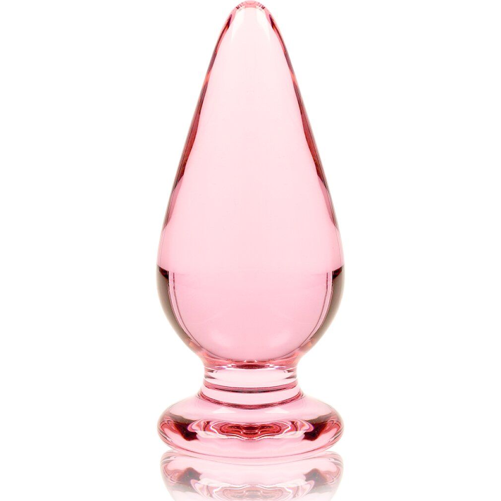 Plug anale in vetro rosa con base larga, lungo 11 cm, largo 5 cm.