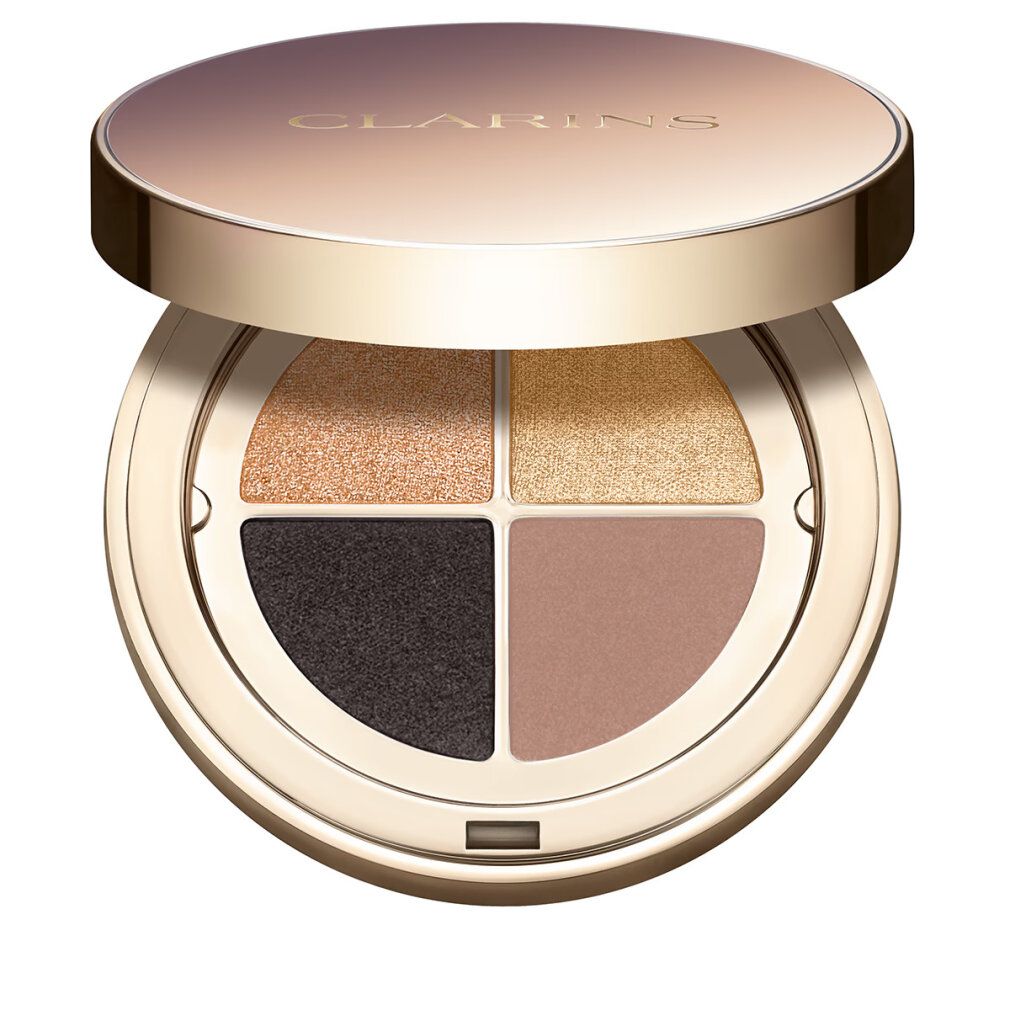 Palette ombretti rotonda con quattro tonalità: oro, marrone, nero e rosa. Coperchio con logo del marchio. Custodia dorata.