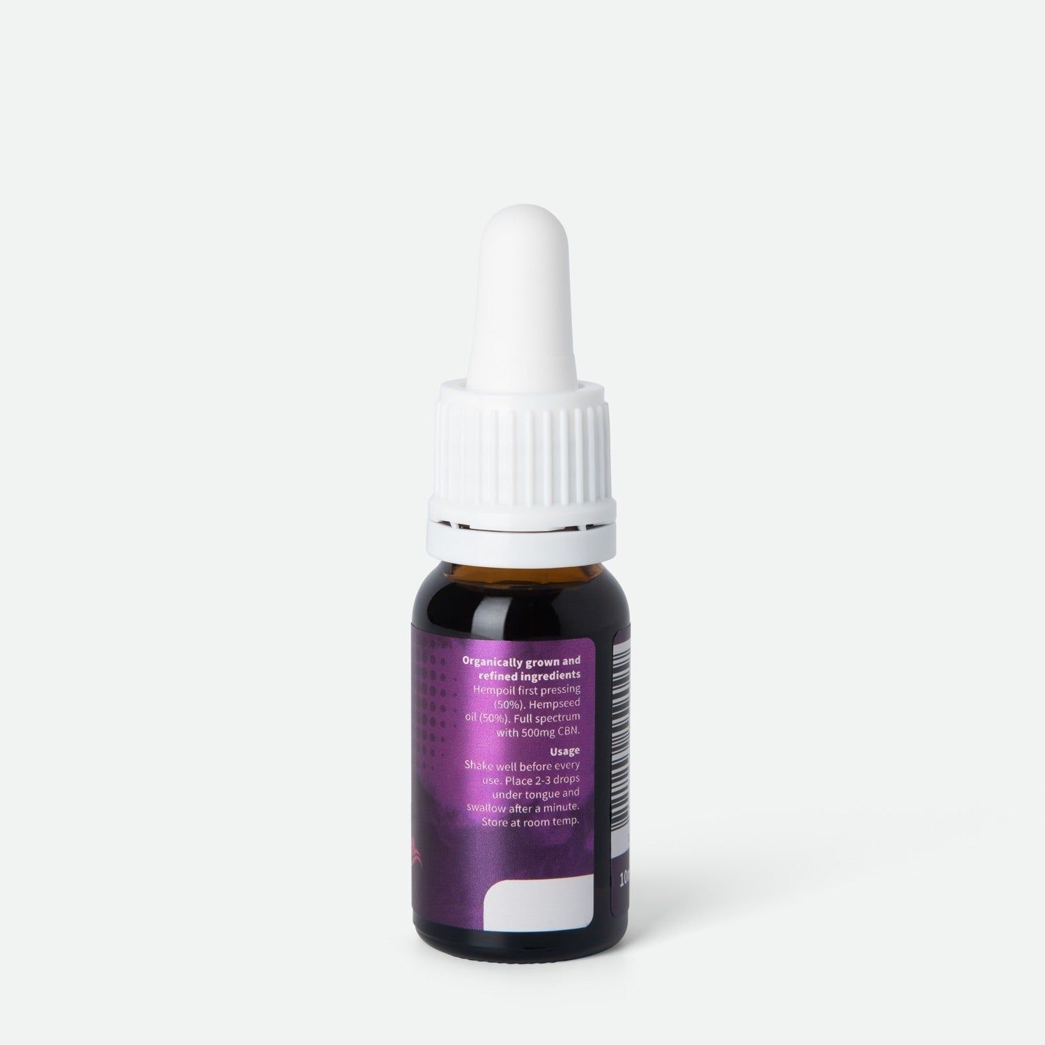 Vista posteriore di un flacone di vetro marrone con contagocce bianco. Etichetta viola con testo. Contiene informazioni sugli ingredienti e l'uso.