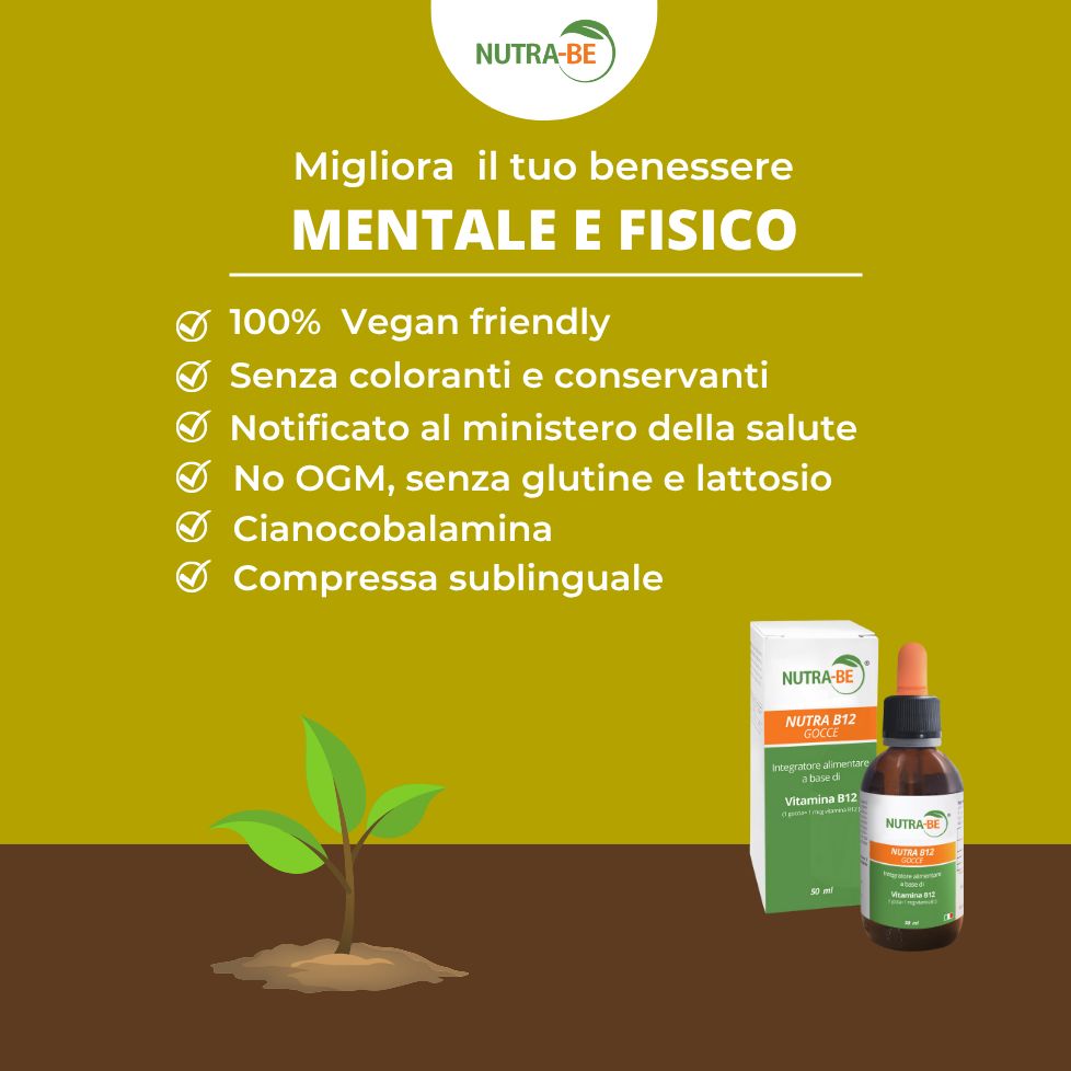 Grafico con testo e immagine del prodotto. Testo: 100% vegano, senza coloranti, senza OGM, senza glutine e lattosio. Immagine: flacone e scatola Nutra-Be B12.