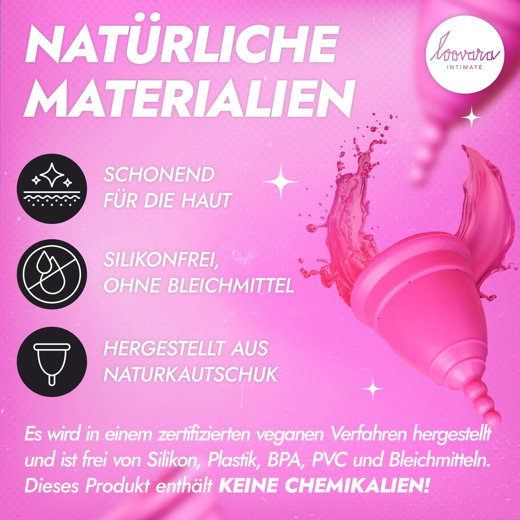 Coppetta mestruale rosa taglia M in gomma naturale, senza silicone.