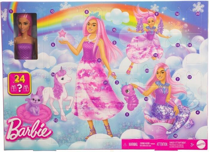 Calendario dell'Avvento Barbie. Contiene bambola, unicorno, gatto, vestiti e accessori. Con logo e 24 caselle numerate.