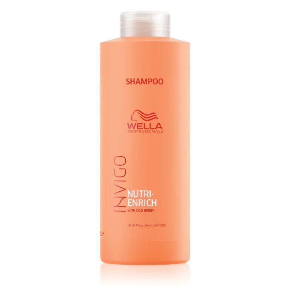 Shampoo Wella Invigo Nutri-Enrich. Flacone arancione con tappo bianco. Scritte: Invigo, Nutri-Enrich, Shampoo.