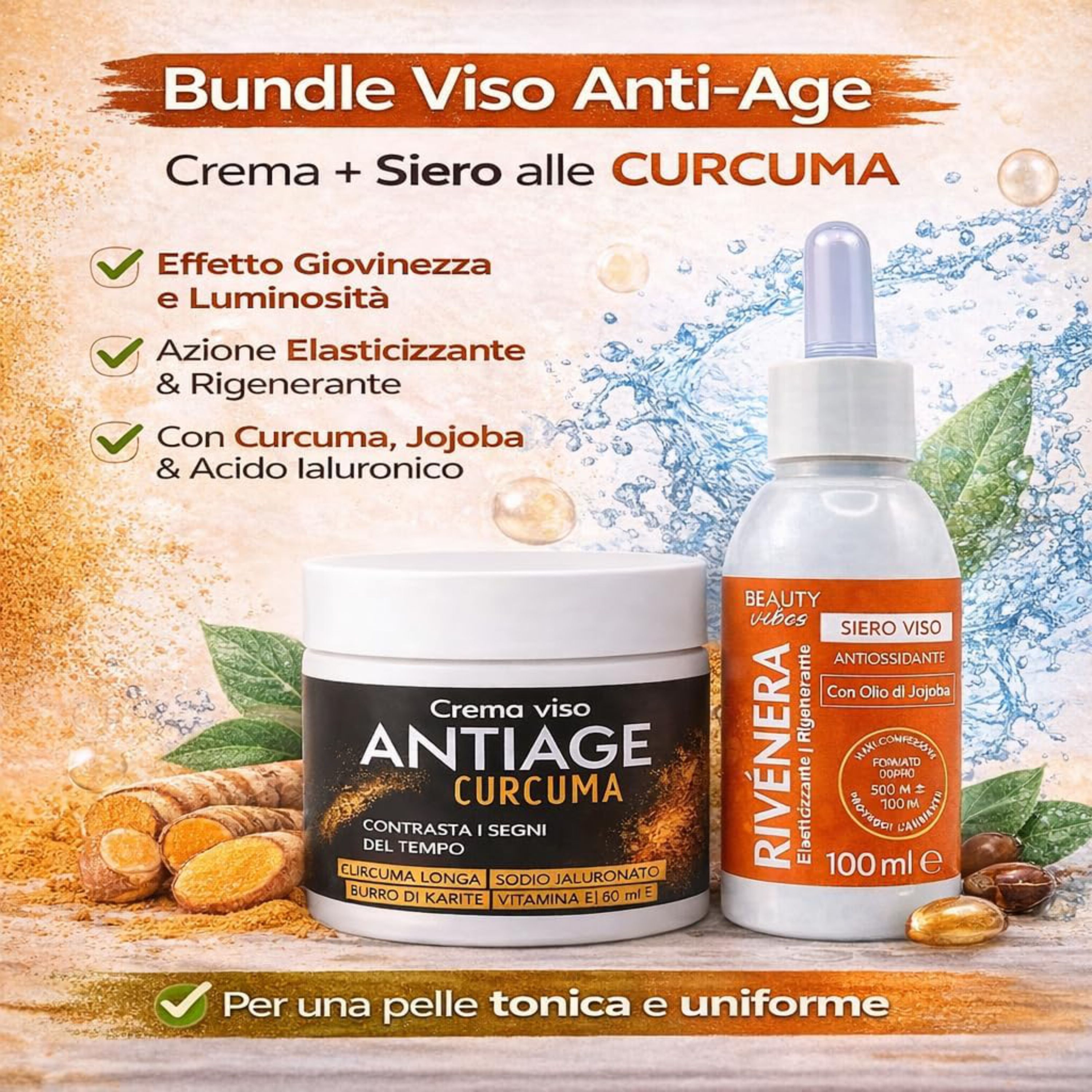 Aloha Labs Crema Viso Antiage Curcuma + Siero Viso Rivenera con Olio di Jojoba