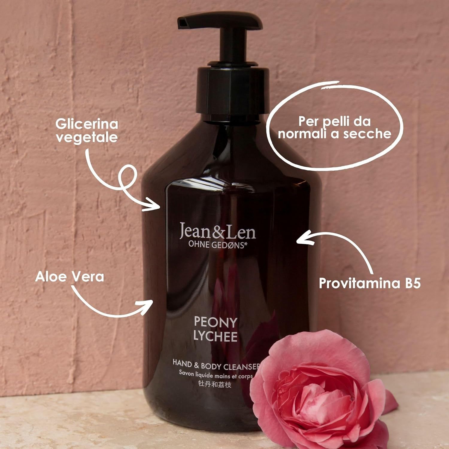 Flacone marrone con dosatore nero. Testo: Peony Lychee, Hand & Body Cleanser. Logo Jean & Len. Per pelli da normali a secche.