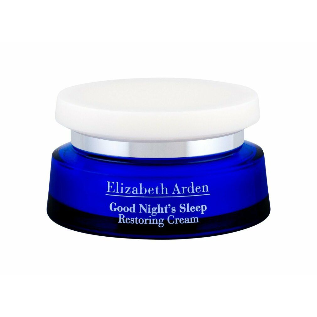 Vaso di crema blu con coperchio bianco. Scritta: Elizabeth Arden Good Night's Sleep Restoring Cream.