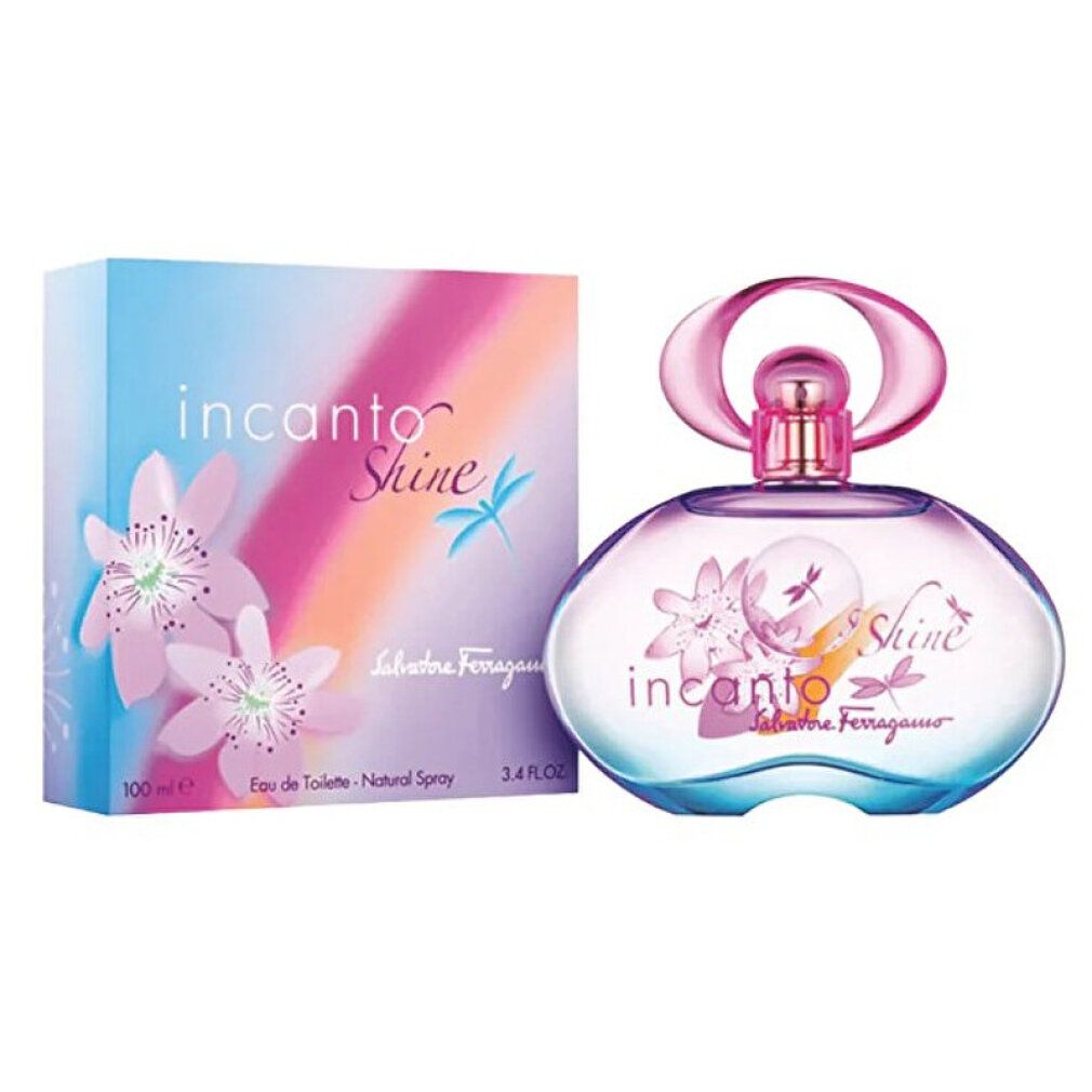 Flacone di profumo e scatola. Flacone rotondo, tappo rosa. Scatola con fiori e arcobaleno. Scritta: Incanto Shine.