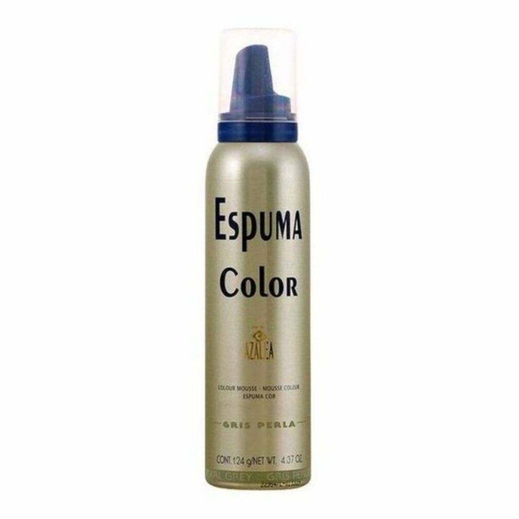 Flacone spray dorato con erogatore blu. Scritta: Espuma Color. Testo: Gris Perla. Marchio: Azalea.