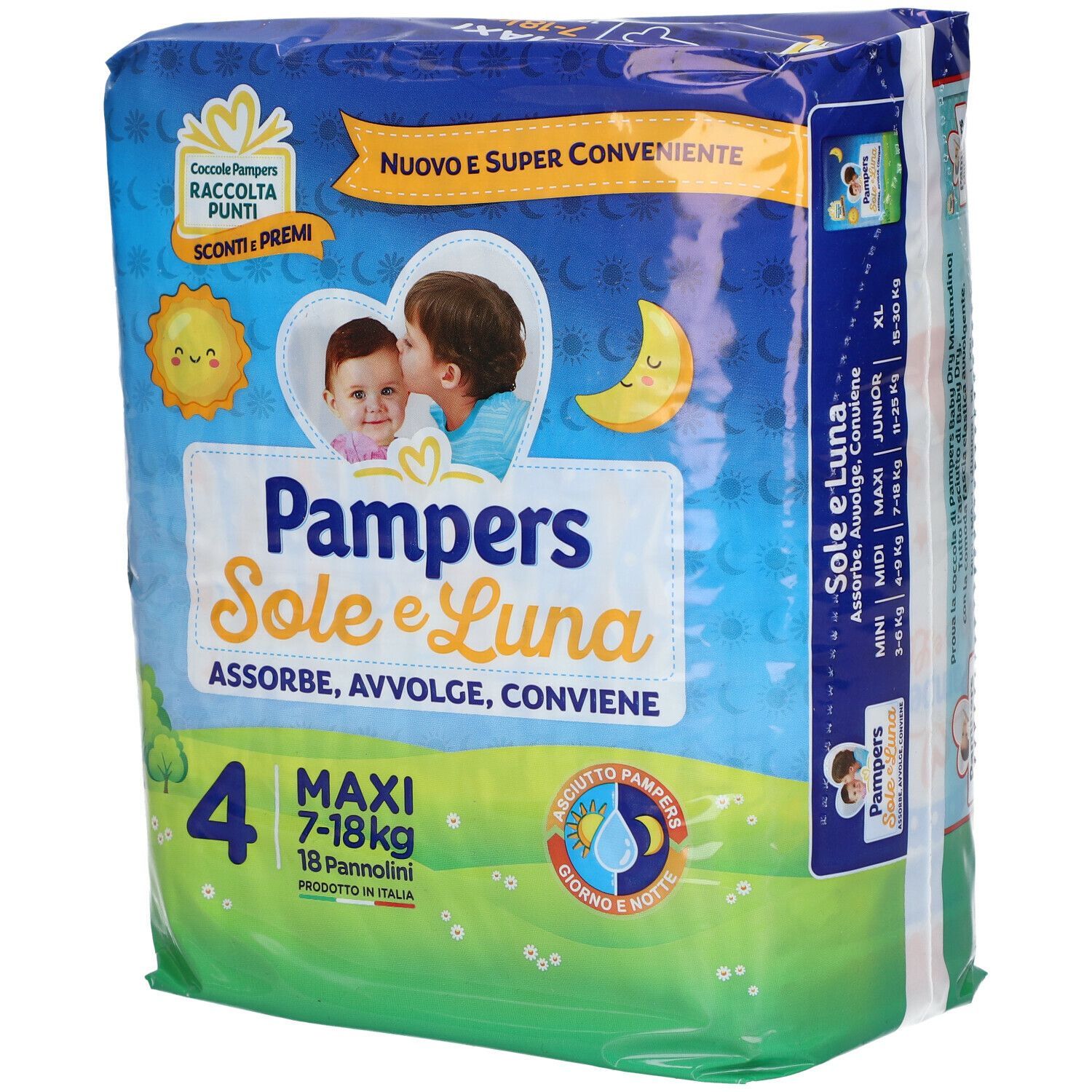 Pampers Sole e Luna Maxi, confezione da 18 pannolini. Taglia 4, 7-18 kg. Imballaggio con illustrazioni di bambini.