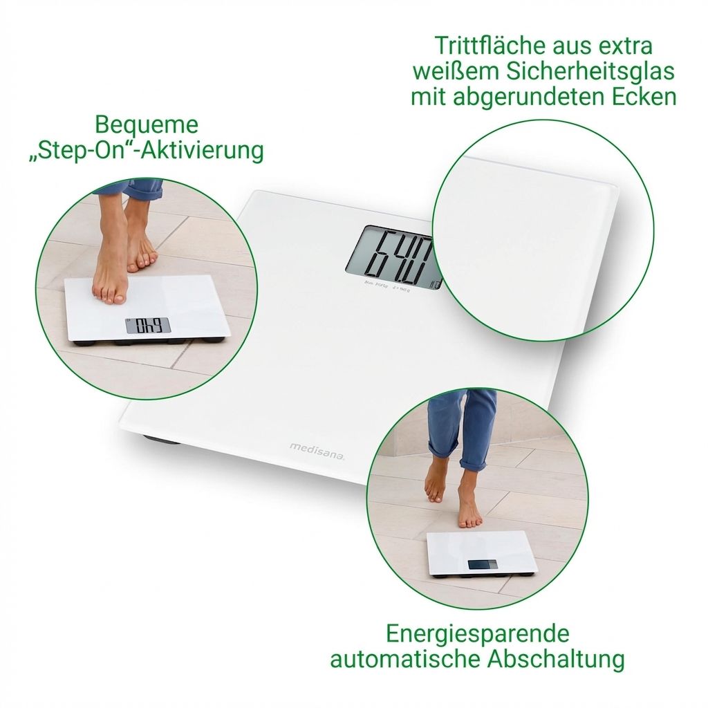 Bilancia personale bianca con pedana in vetro di sicurezza, display digitale e attivazione Step-On.