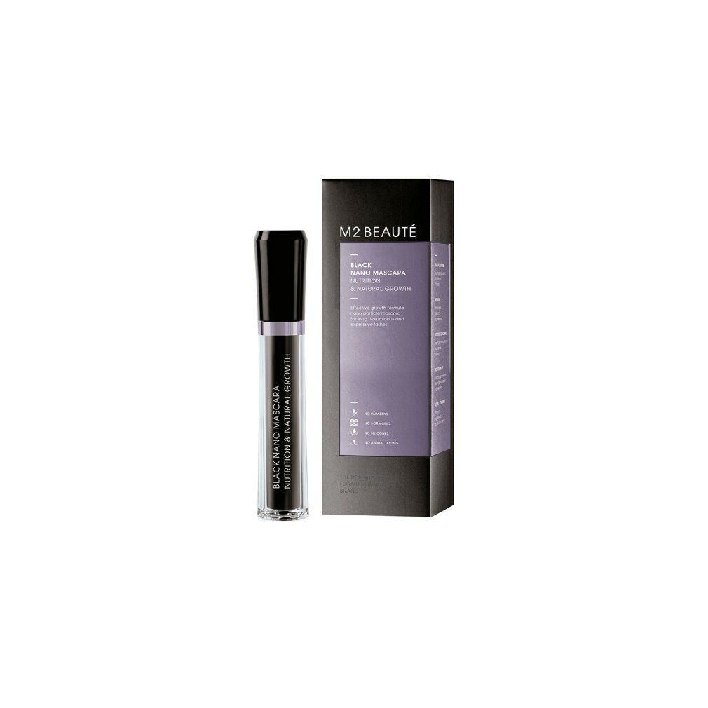 Flacone e confezione M2 Beauté Black Nano Mascara con informazioni sul prodotto.